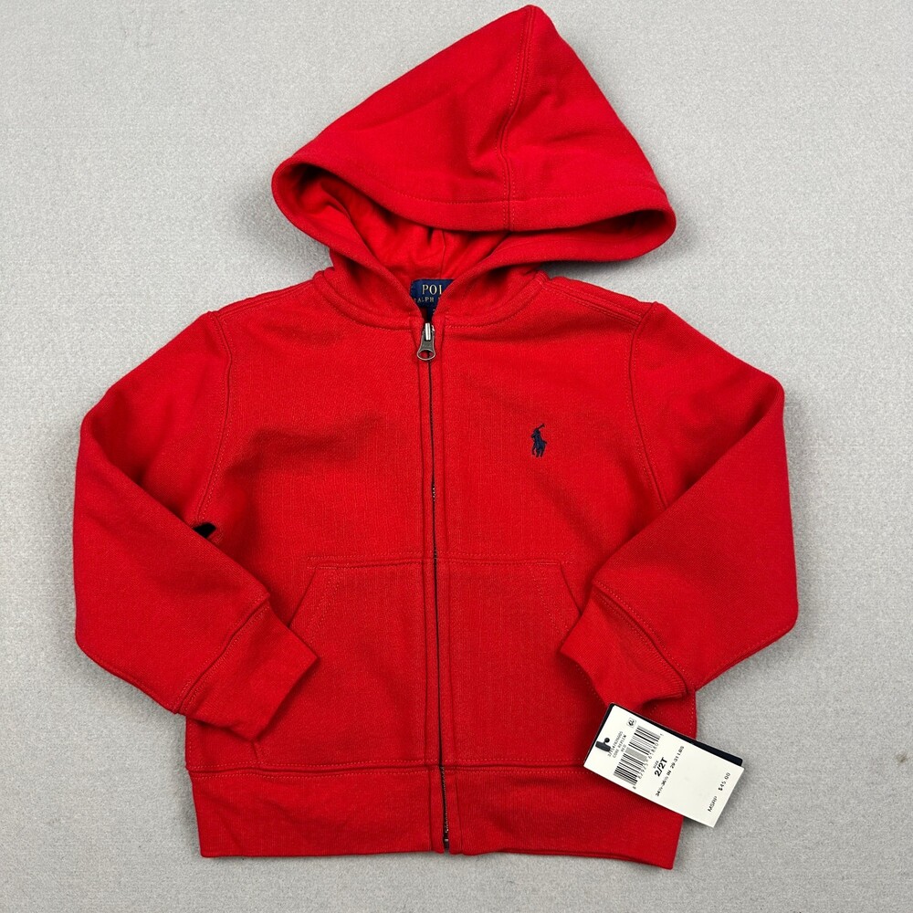 Polo Ralph Lauren Hoodie Kids 2T Red Full Zip Fleece Blue Pony Sweatshirt *